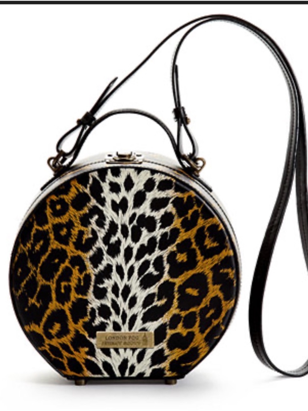 114–NWT London Fog Leopard-Print Round Crossbody Bag - Black, Tan, White